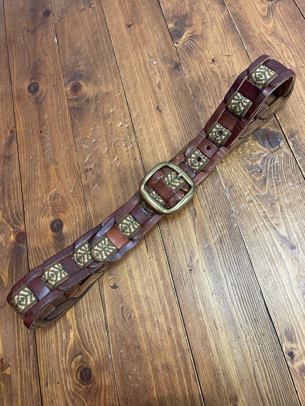 Woven leather belt brown with tapestry style strip and brass buckle size 34